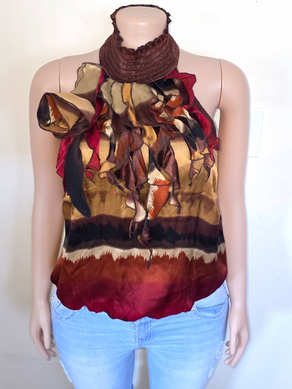 ☆Bebe Multicolor Ruffled Halter Camisole in Brown, Red & Gold☆